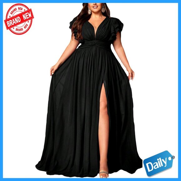 Dresses & Skirts - Chiffon Maxi Dress Elegant Formal Evening Party Gown V Neck Ruffle Sleeve